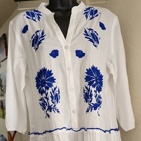 Me 2 Magic Anthropologie Blue & White Embroidered Boho Mini Dress XL Cottagecore - Picture 3 of 8
